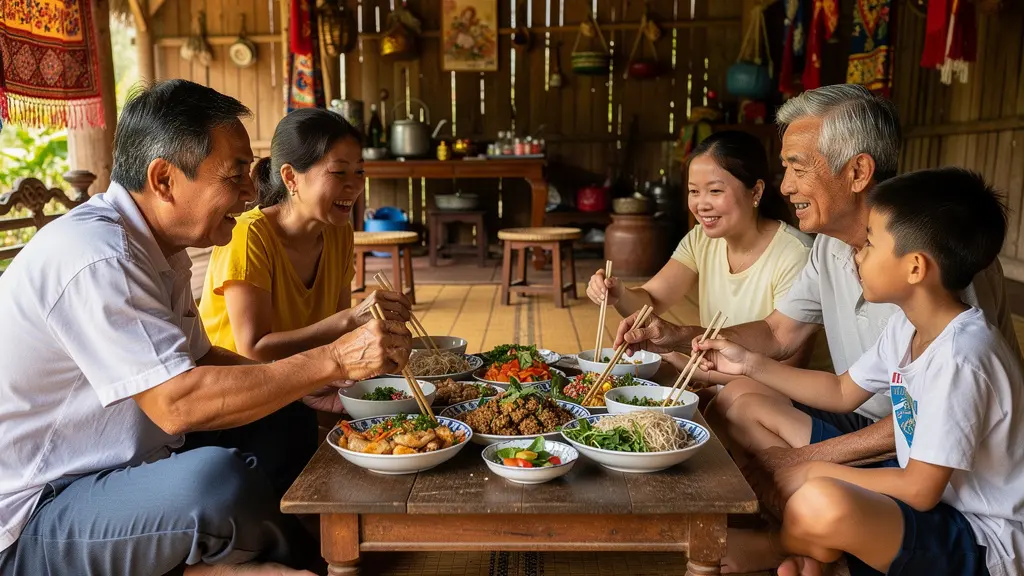Famille européenne partageant un repas traditionnel avec une famille vietnamienne