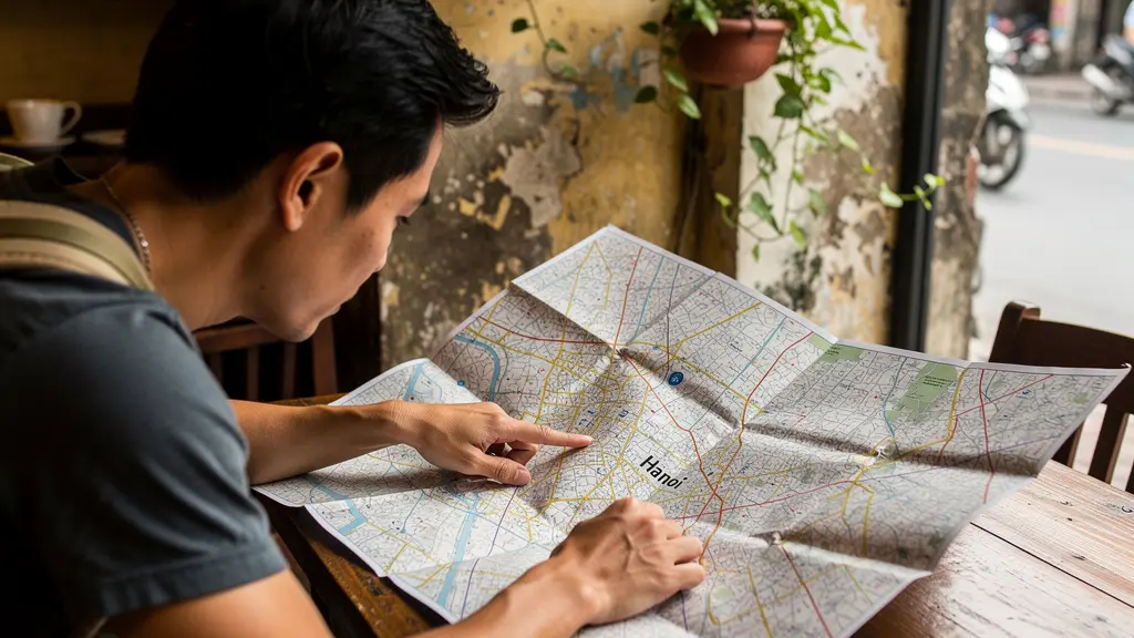 Guide vietnamien francophone discutant d'un itinéraire avec un voyageur dans un café de Hanoi