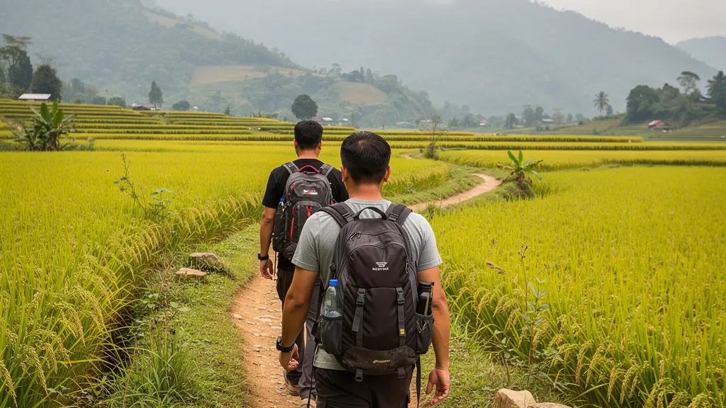 Voyageur en trek sur un sentier entre les rizières de Sapa avec un guide local