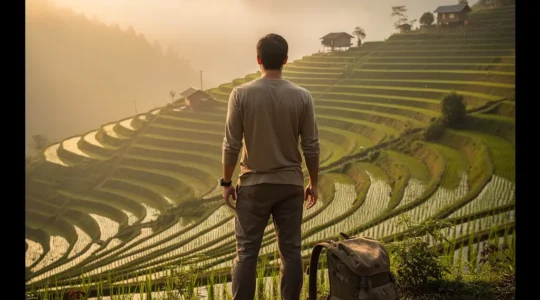 Voyageur contemplant les rizières en terrasses du Vietnam au lever du soleil