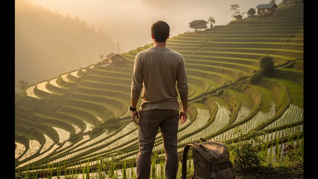 Voyageur contemplant les rizières en terrasses du Vietnam au lever du soleil