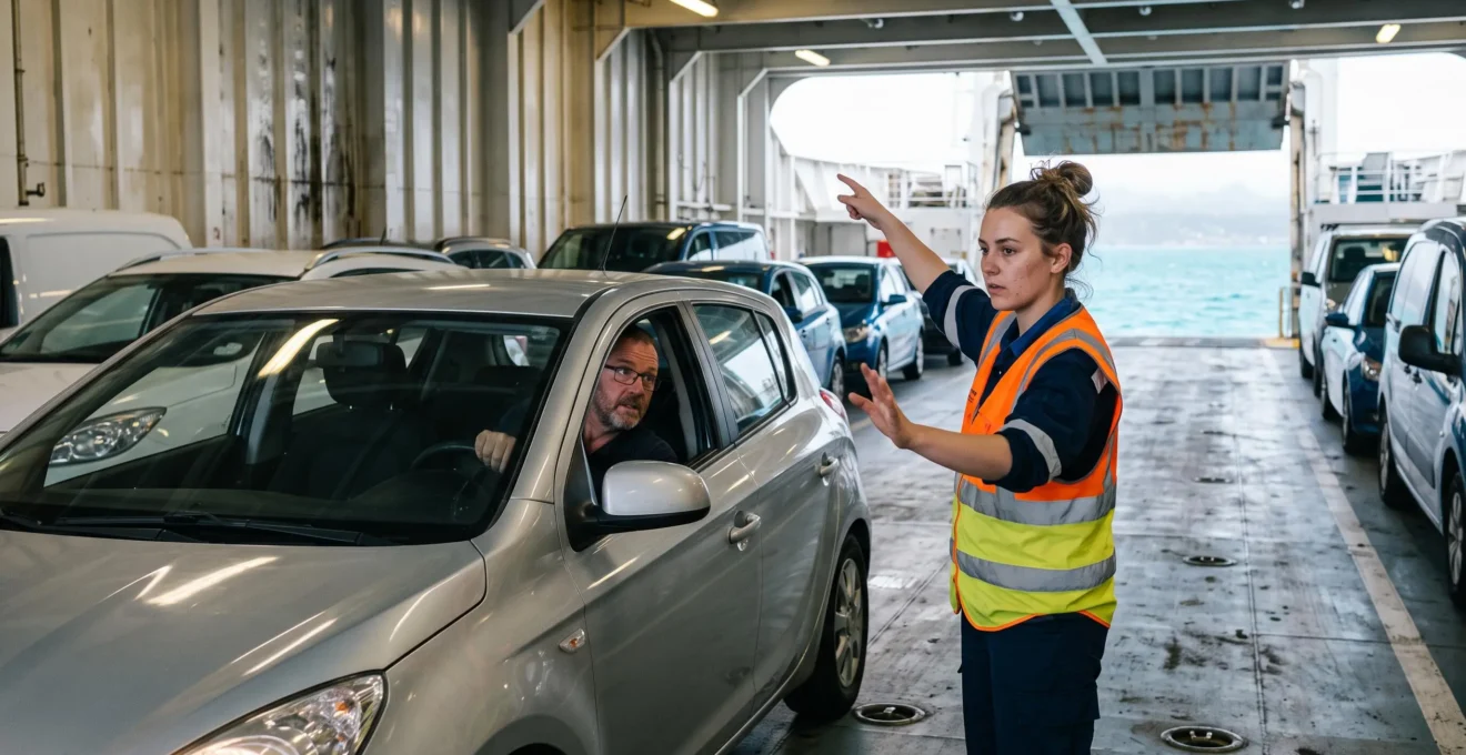 Un membre d'équipage en gilet de haute visibilité guide à la main une voiture qui se garre sur le pont véhicules d'un ferry.