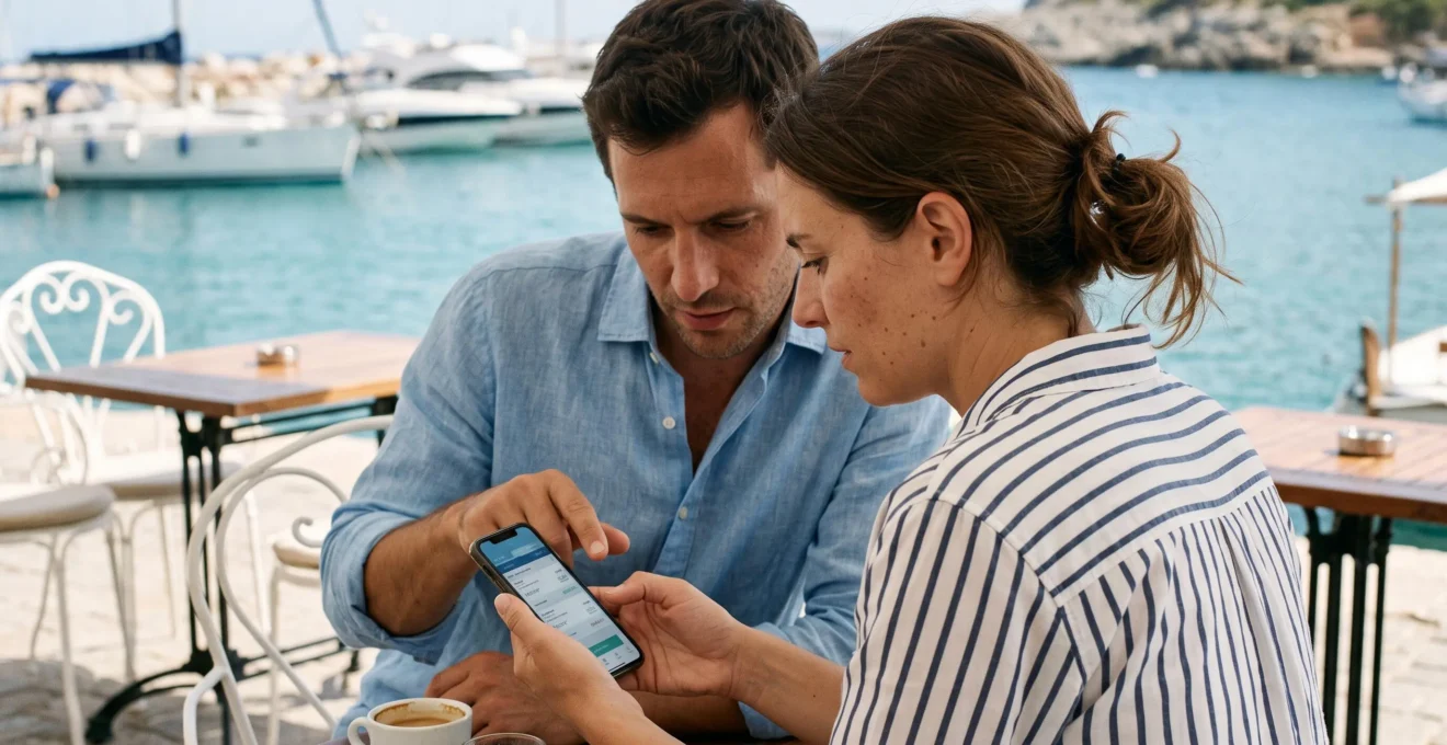 Un couple assis à la terrasse d'un café en bord de mer compare des options de réservation de ferry sur un smartphone.