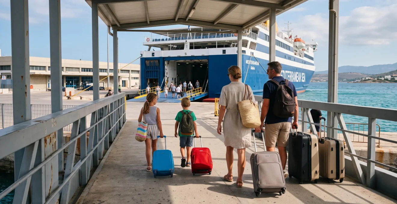Une famille avec valises et sacs de plage emprunte une passerelle piétonne pour rejoindre un ferry amarré dans un terminal.