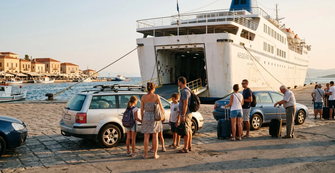 Un ferry en approche du quai pendant que des voyageurs avec voiture et bagages attendent d'embarquer dans un port méditerranéen.